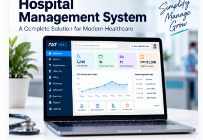 FAT Hospital Management System promotional laptop dashboard illustration